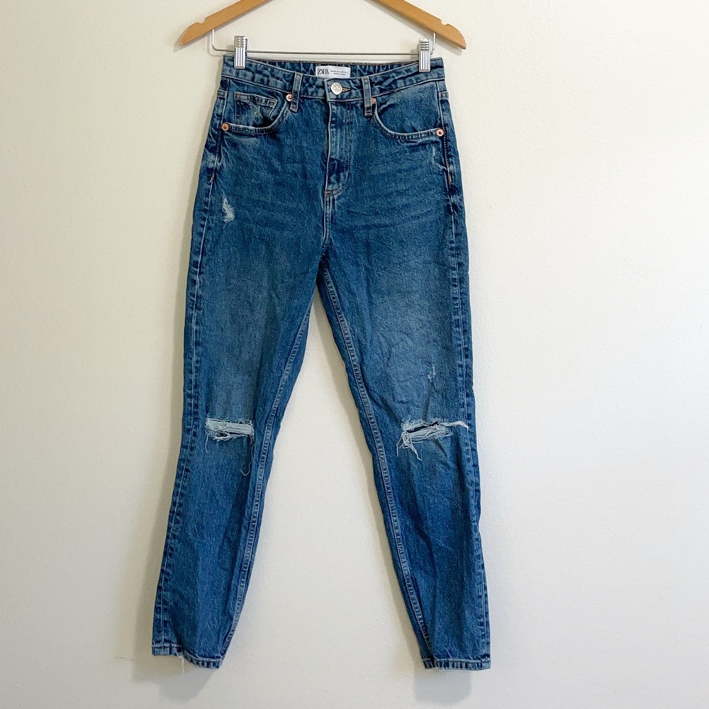 Zara high waisted distressed mom jeans